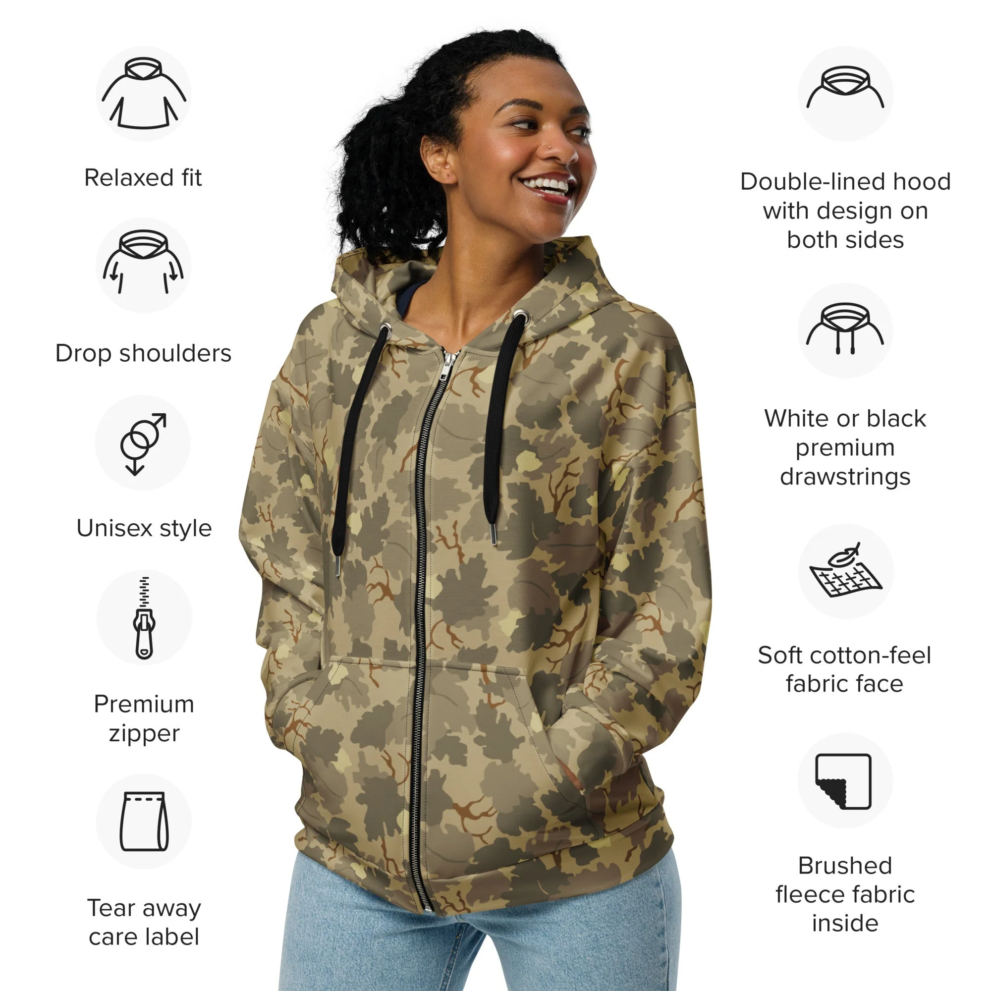 American Mitchell Wine Leaf Brown CAMO Unisex Zip Hoodie - Image 10