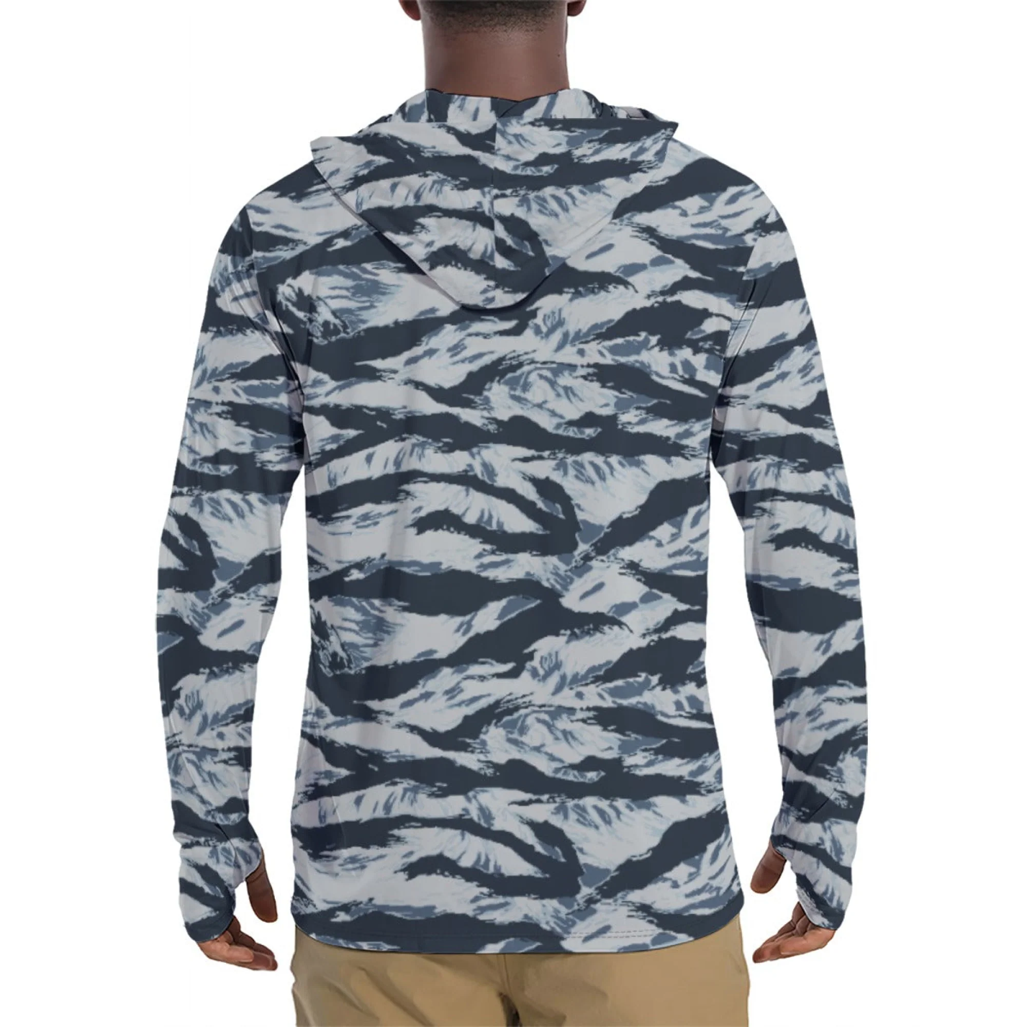 American Tiger Stripe Blue Frost CAMO Mens Sunscreen Sports Hoodie With Thumb Holes - Image 2