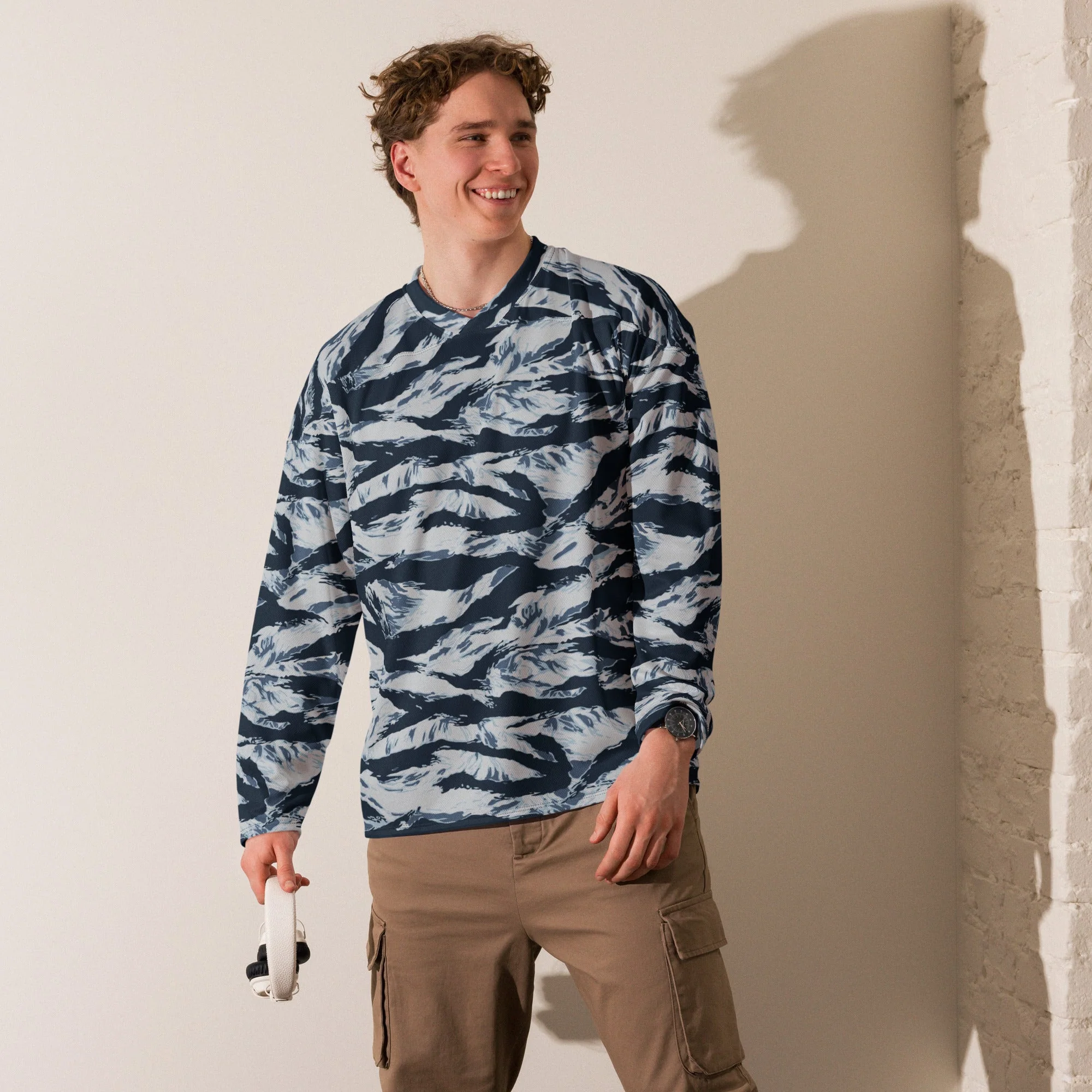 American Tiger Stripe Blue Frost CAMO Unisex Hockey Fan Jersey - Image 11