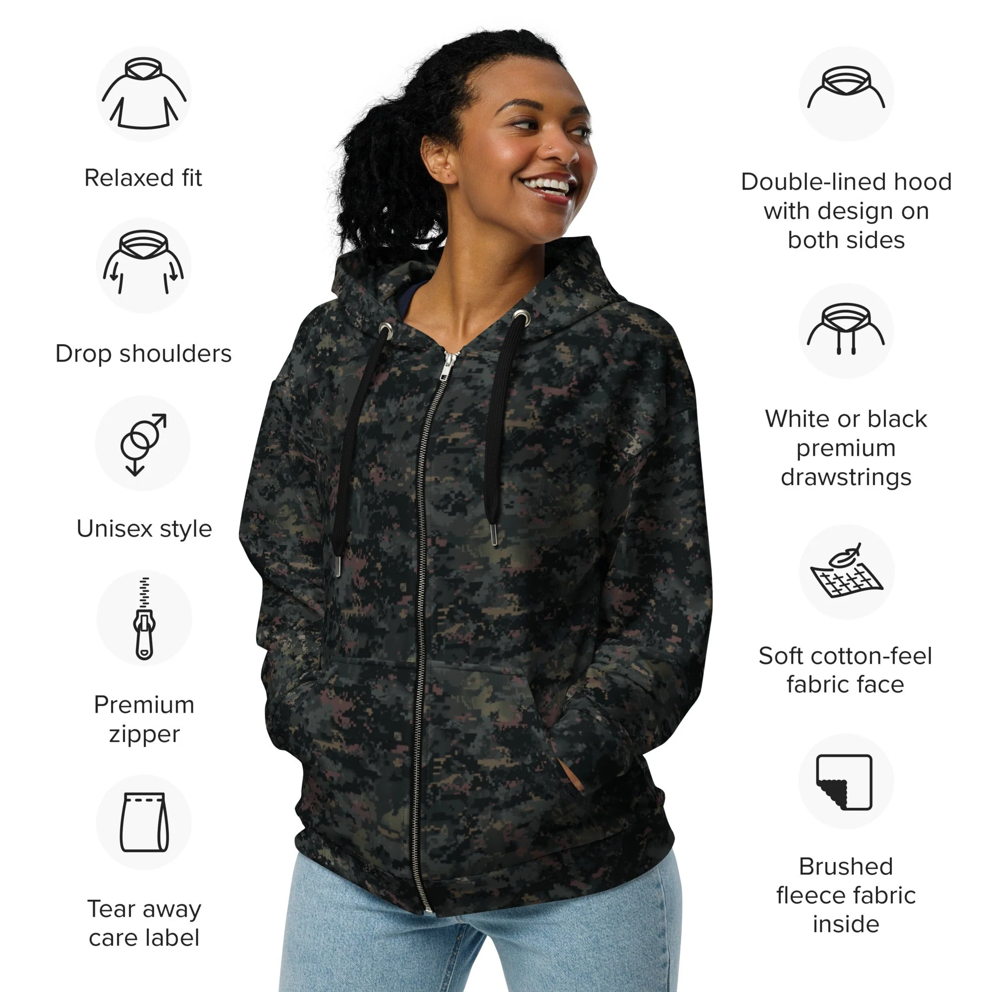 Digital Black Night Rust CAMO Unisex Zip Hoodie - Image 5