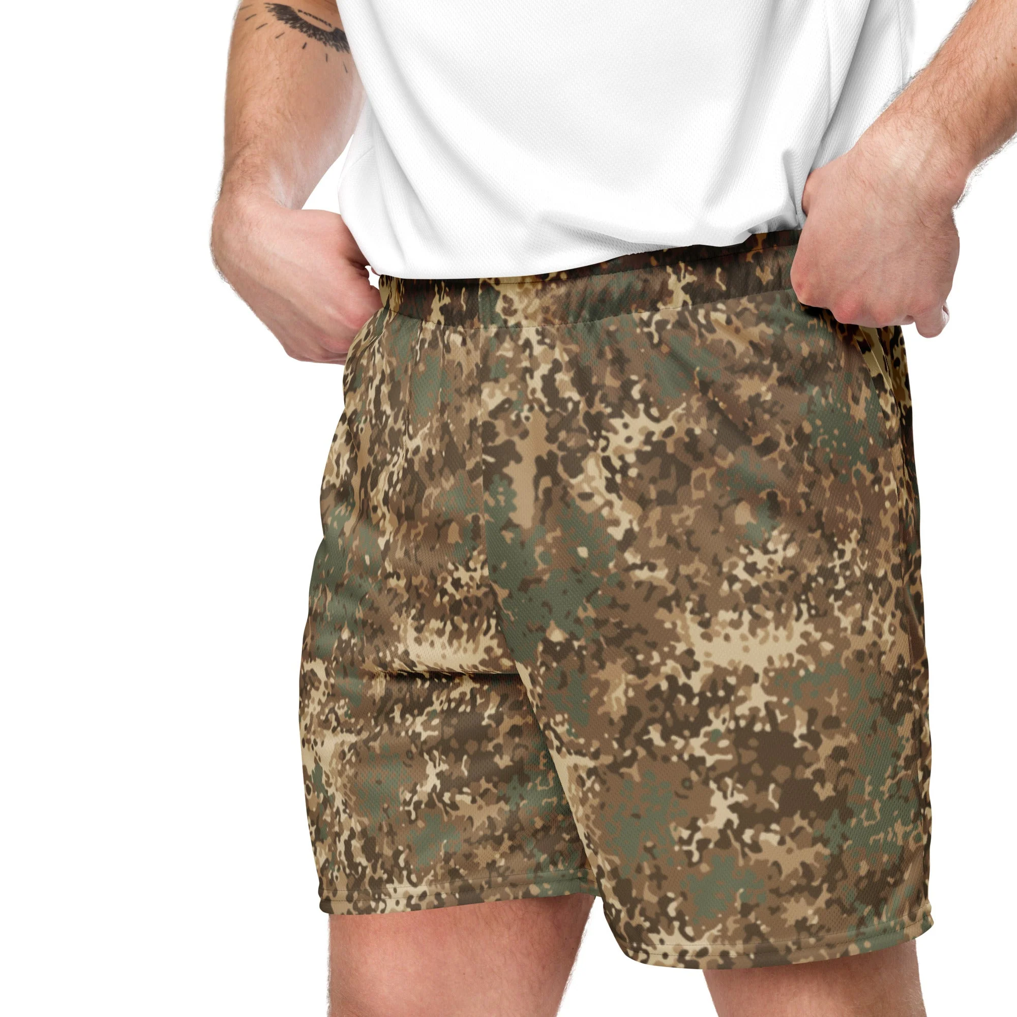 German Flecktarn Desert CAMO Unisex Mesh Shorts - Image 2