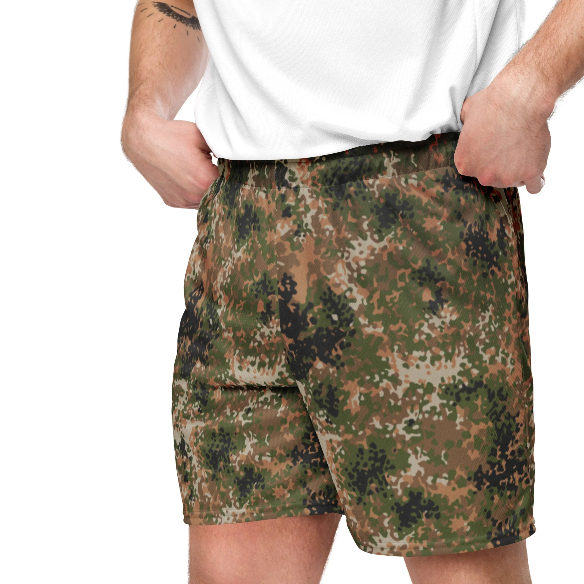 German Flecktarn Multi-terrain CAMO Unisex Mesh Shorts - Image 2