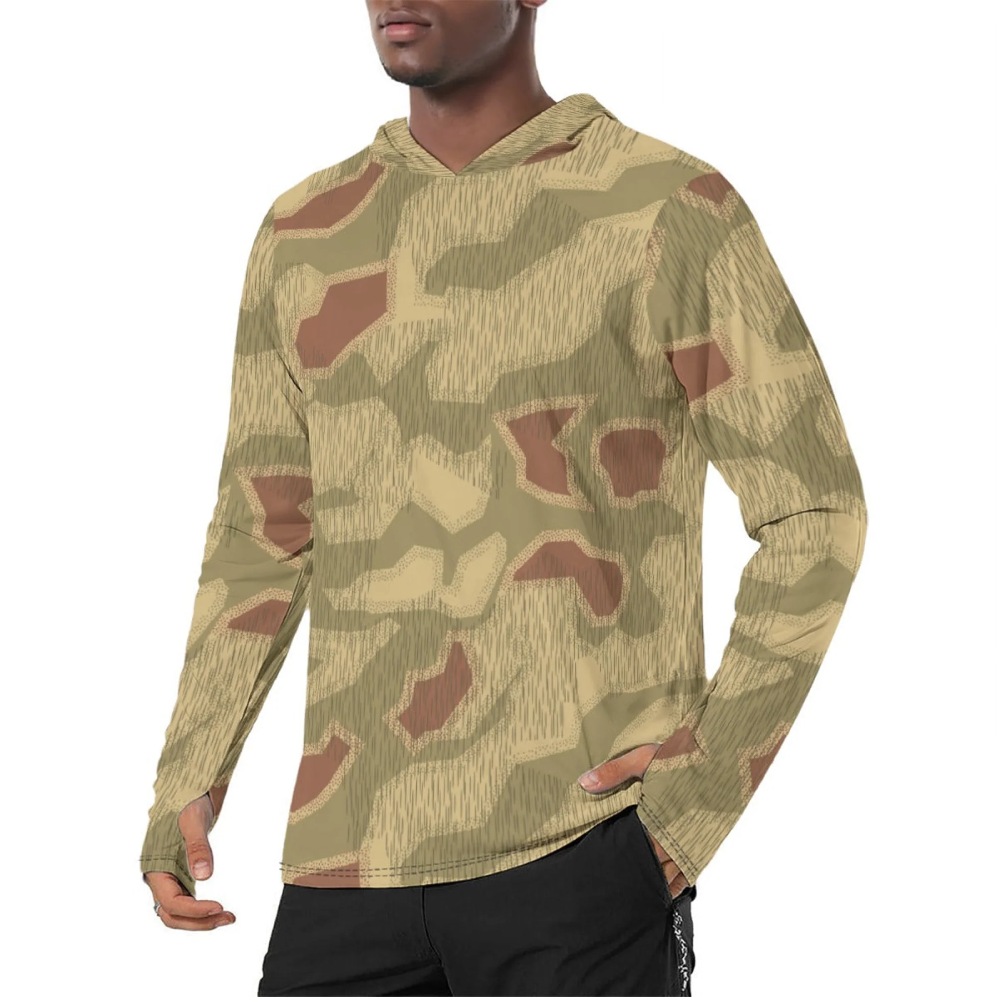 German Sumpfmuster 44 CAMO Mens Sunscreen Sports Hoodie With Thumb Holes