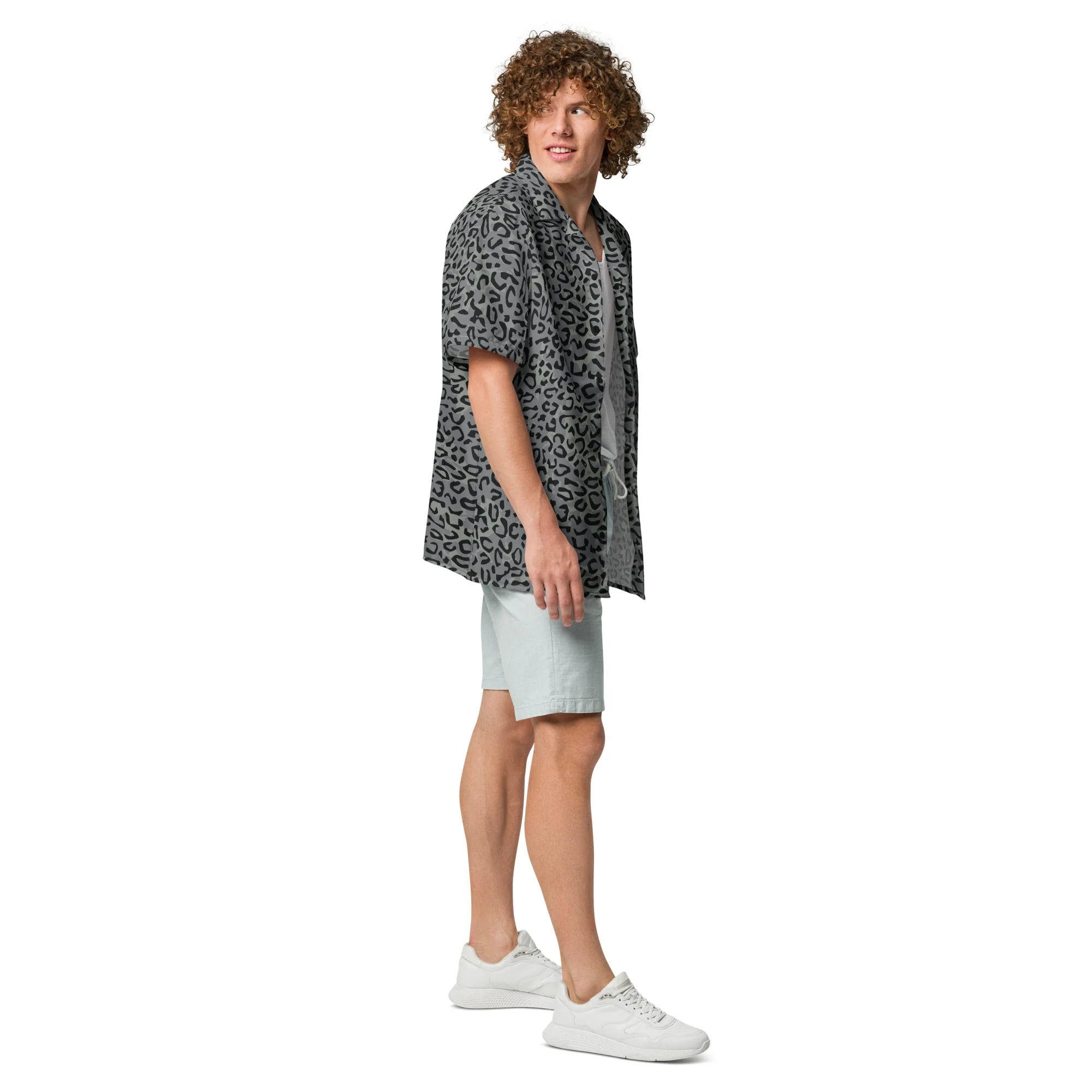 Leopard Spot Grey CAMO Unisex Short-Sleeve Button Shirt - Image 16