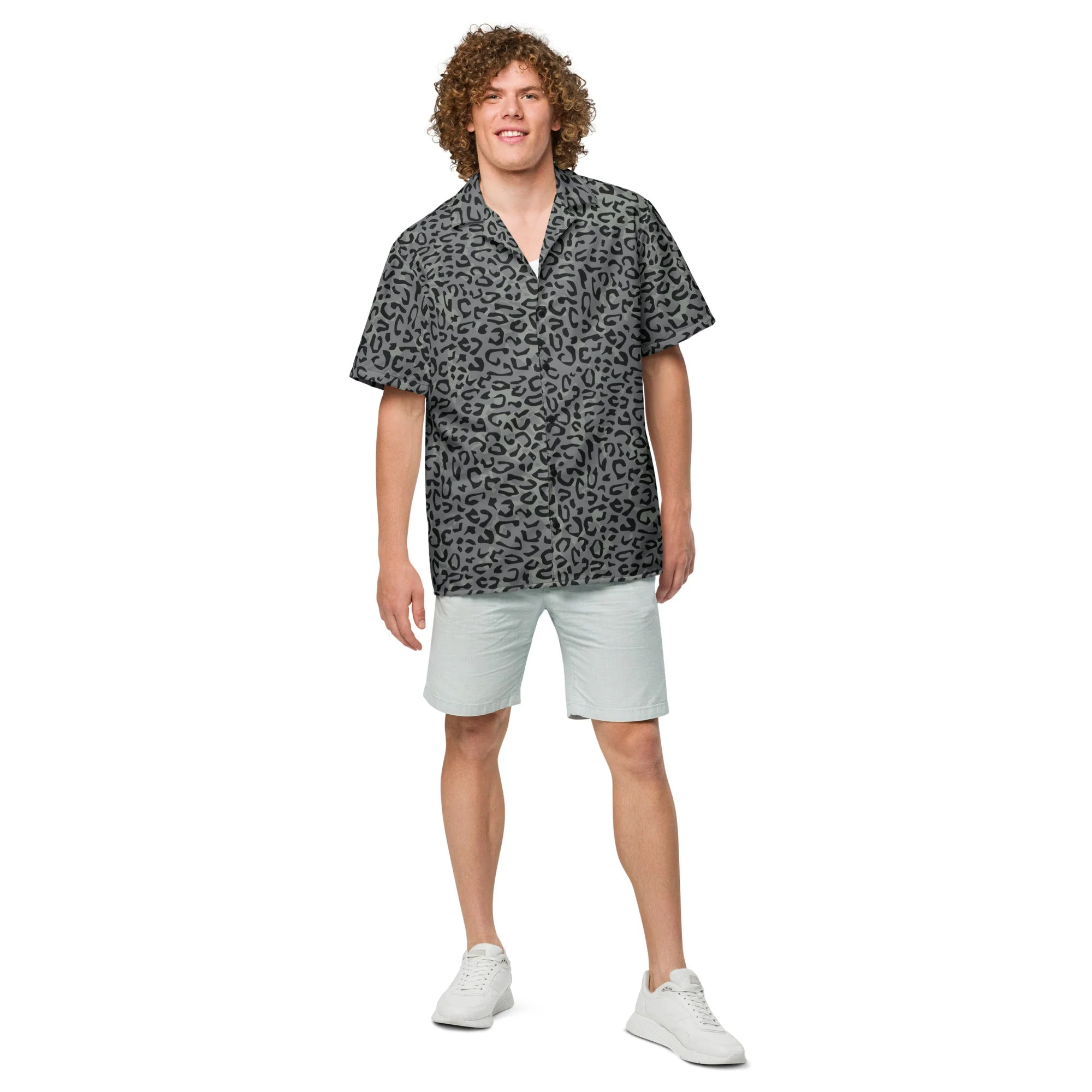 Leopard Spot Grey CAMO Unisex Short-Sleeve Button Shirt - Image 4