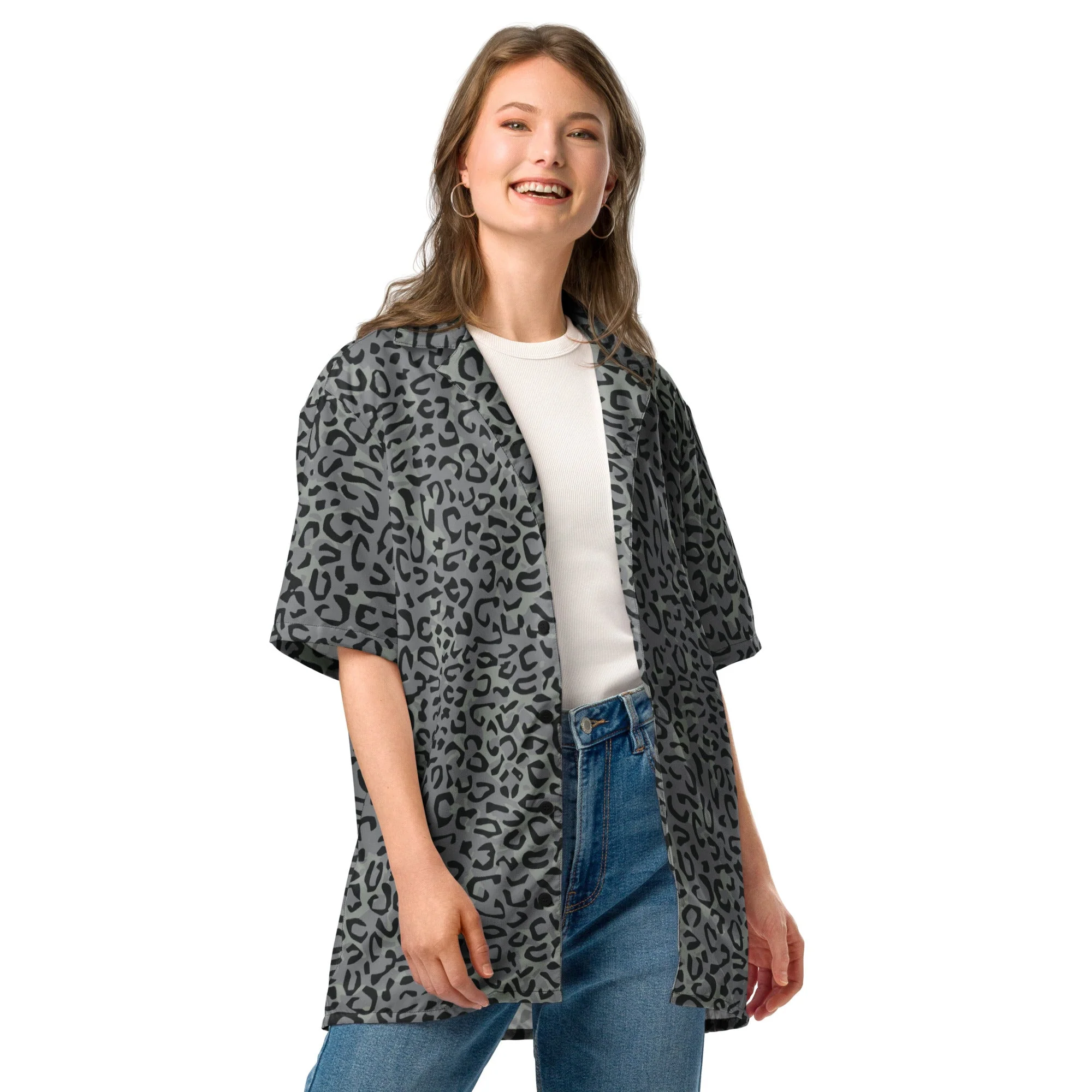 Leopard Spot Grey CAMO Unisex Short-Sleeve Button Shirt - Image 6