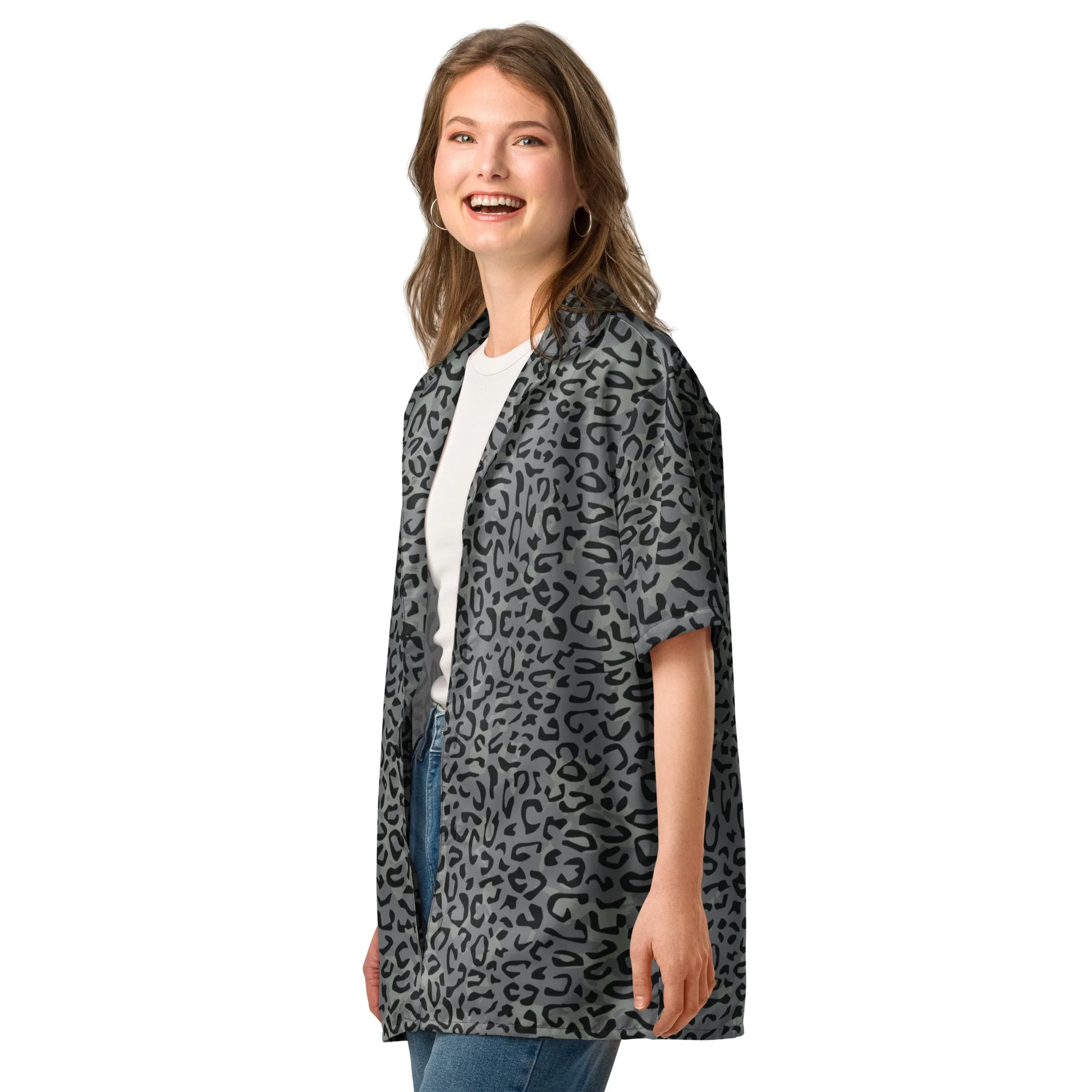 Leopard Spot Grey CAMO Unisex Short-Sleeve Button Shirt - Image 7