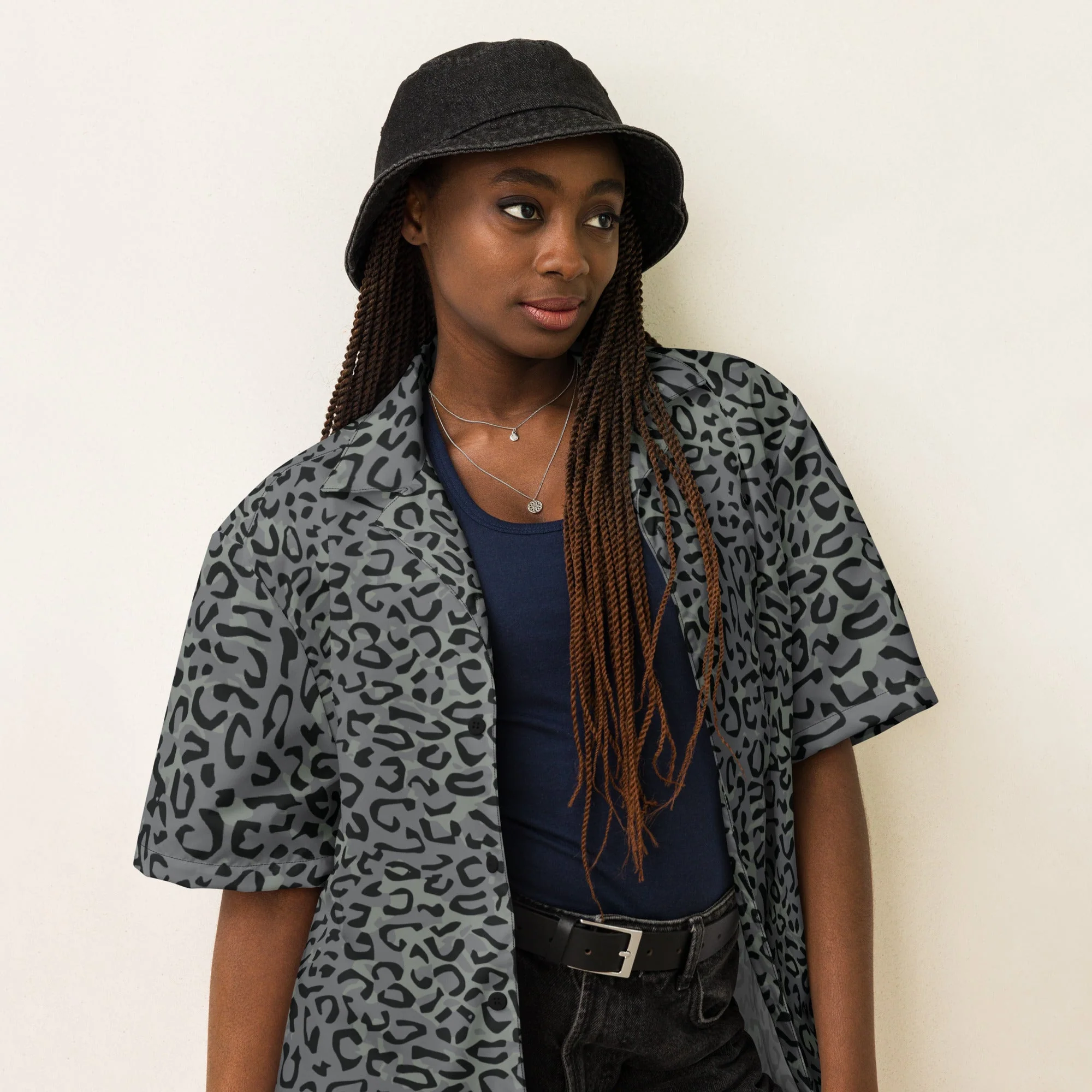 Leopard Spot Grey CAMO Unisex Short-Sleeve Button Shirt - Image 8