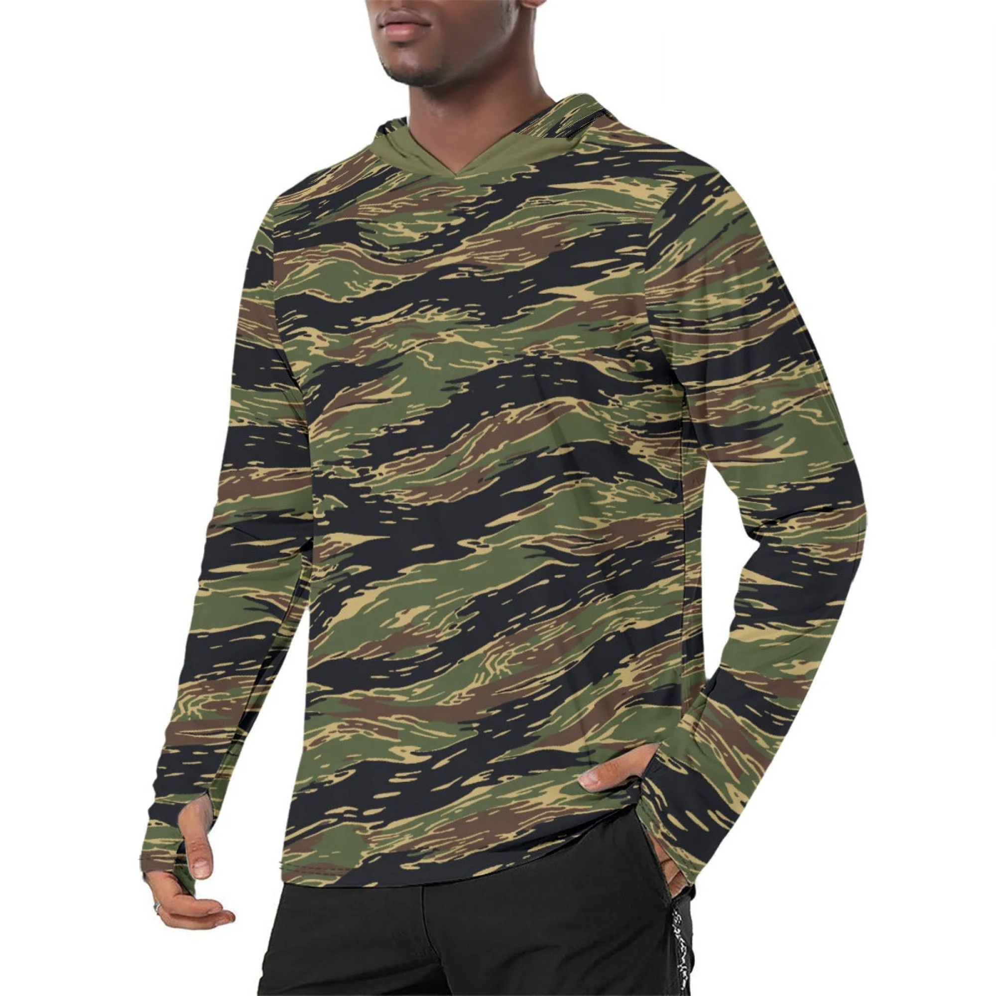 Midnight Fang Tiger Stripe CAMO Mens Sunscreen Sports Hoodie With Thumb Holes