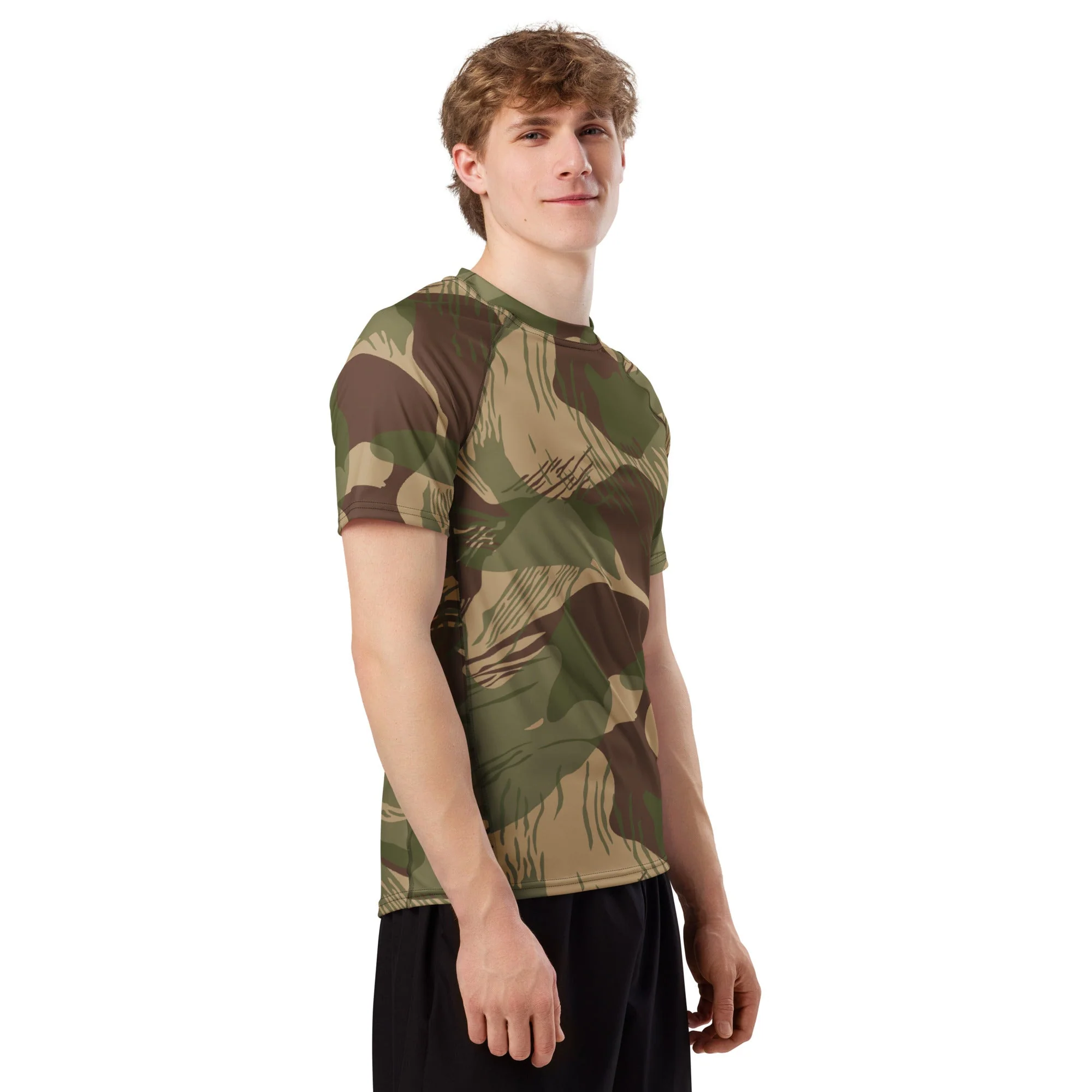 Rhodesian Brushstroke Multi-terrain CAMO Mens Short-Sleeve Rash Guard - Image 3