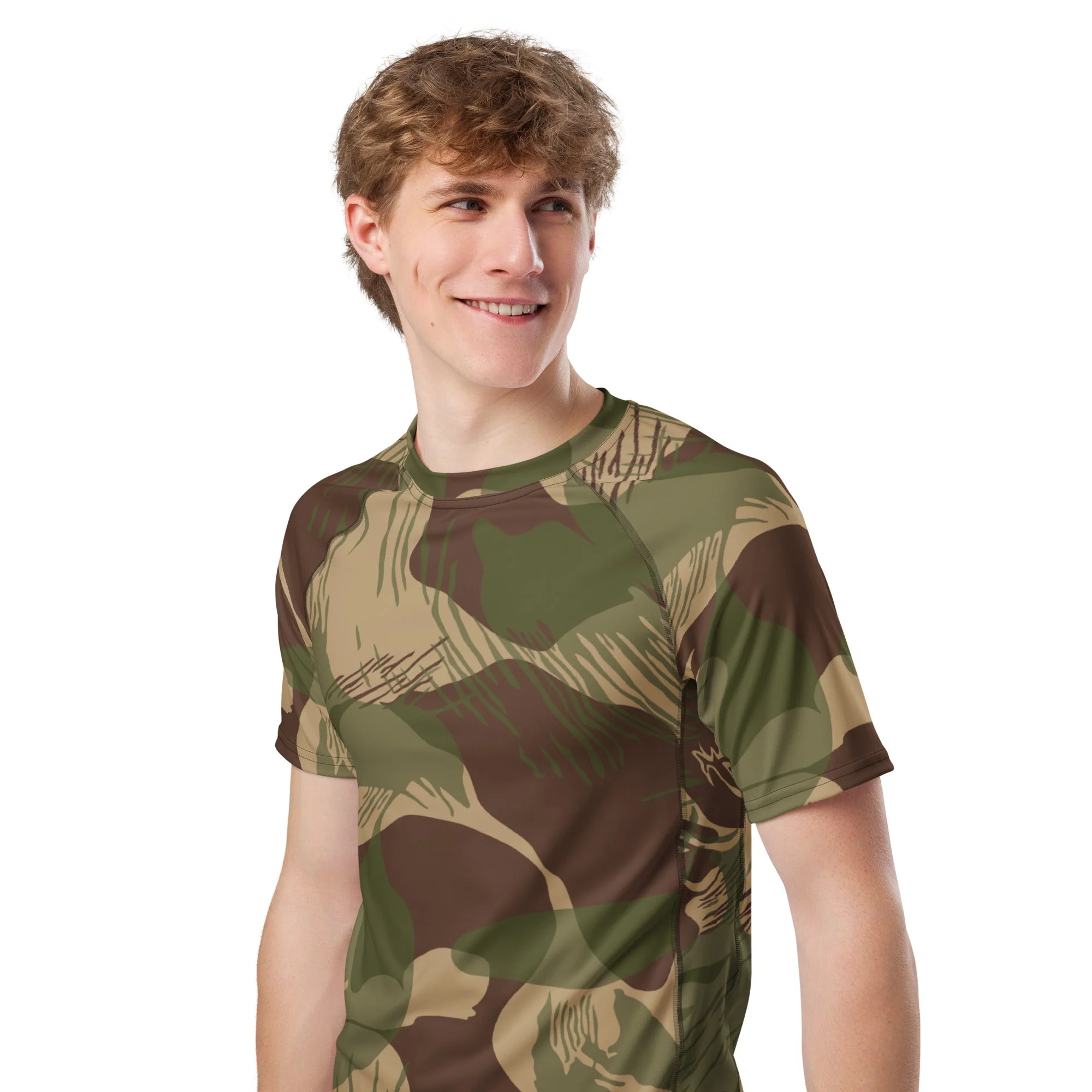 Rhodesian Brushstroke Multi-terrain CAMO Mens Short-Sleeve Rash Guard - Image 4