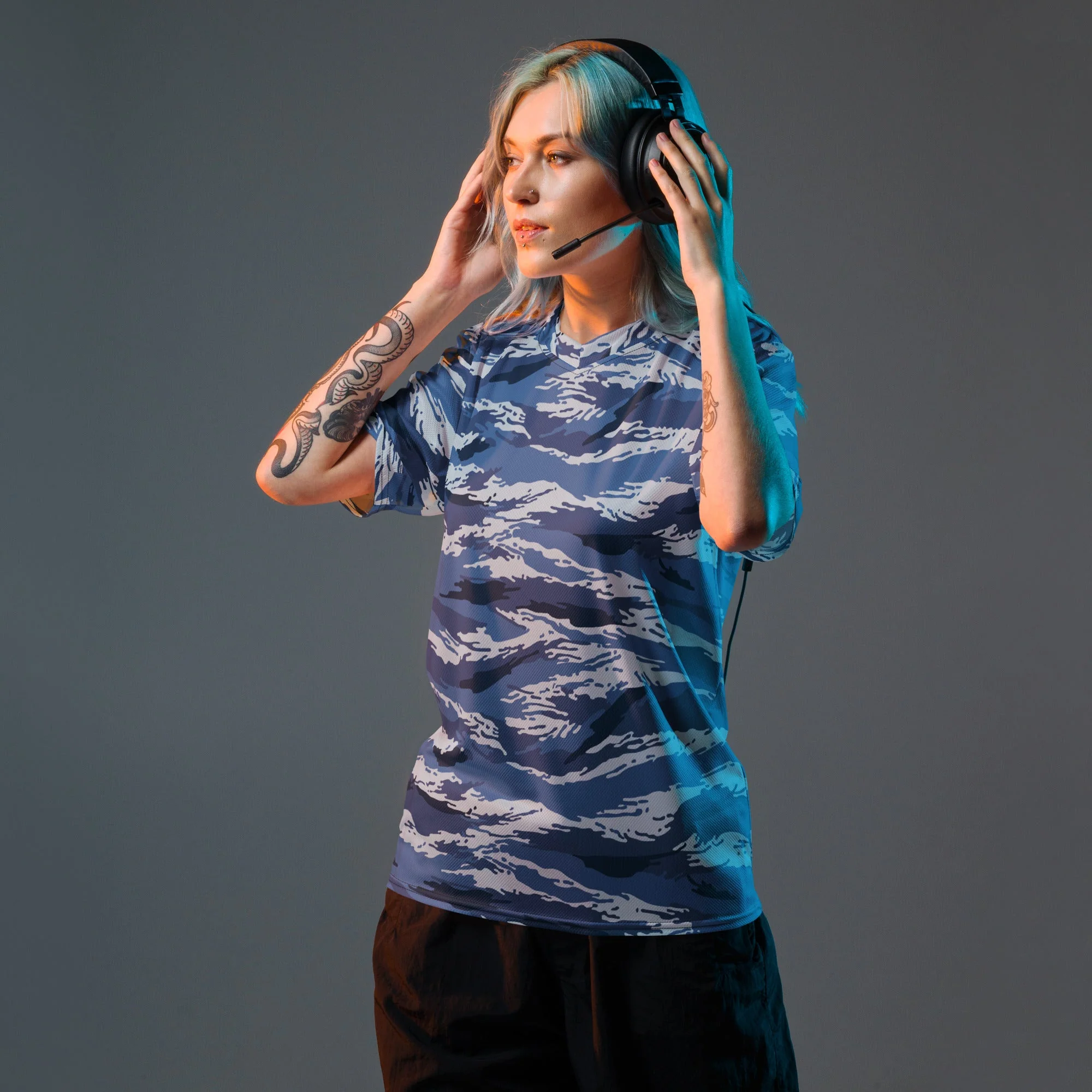 Russian Tiger Stripe Kamysh Blue CAMO Unisex Sports Jersey - Image 3