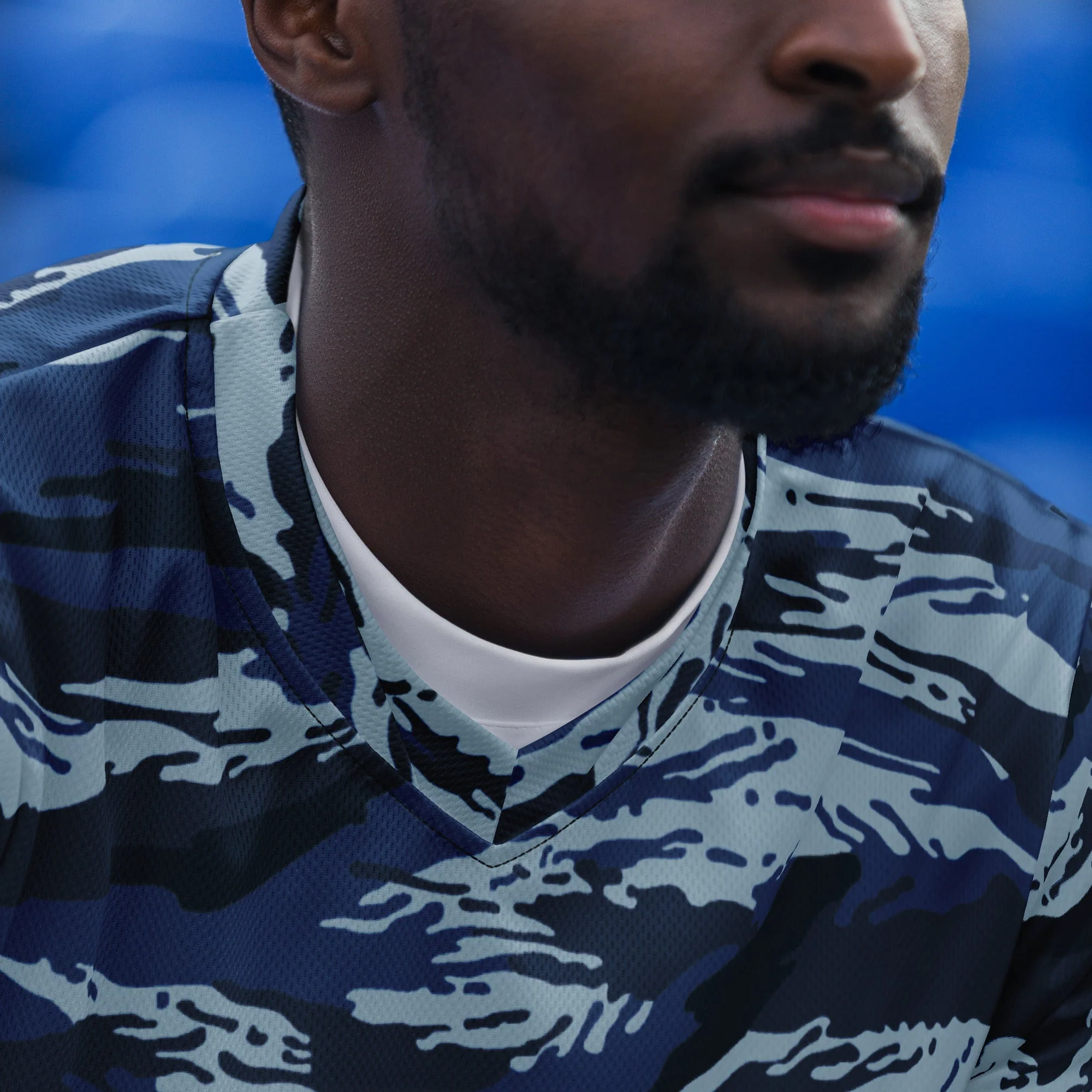 Russian Tiger Stripe Kamysh Blue CAMO Unisex Sports Jersey - Image 4