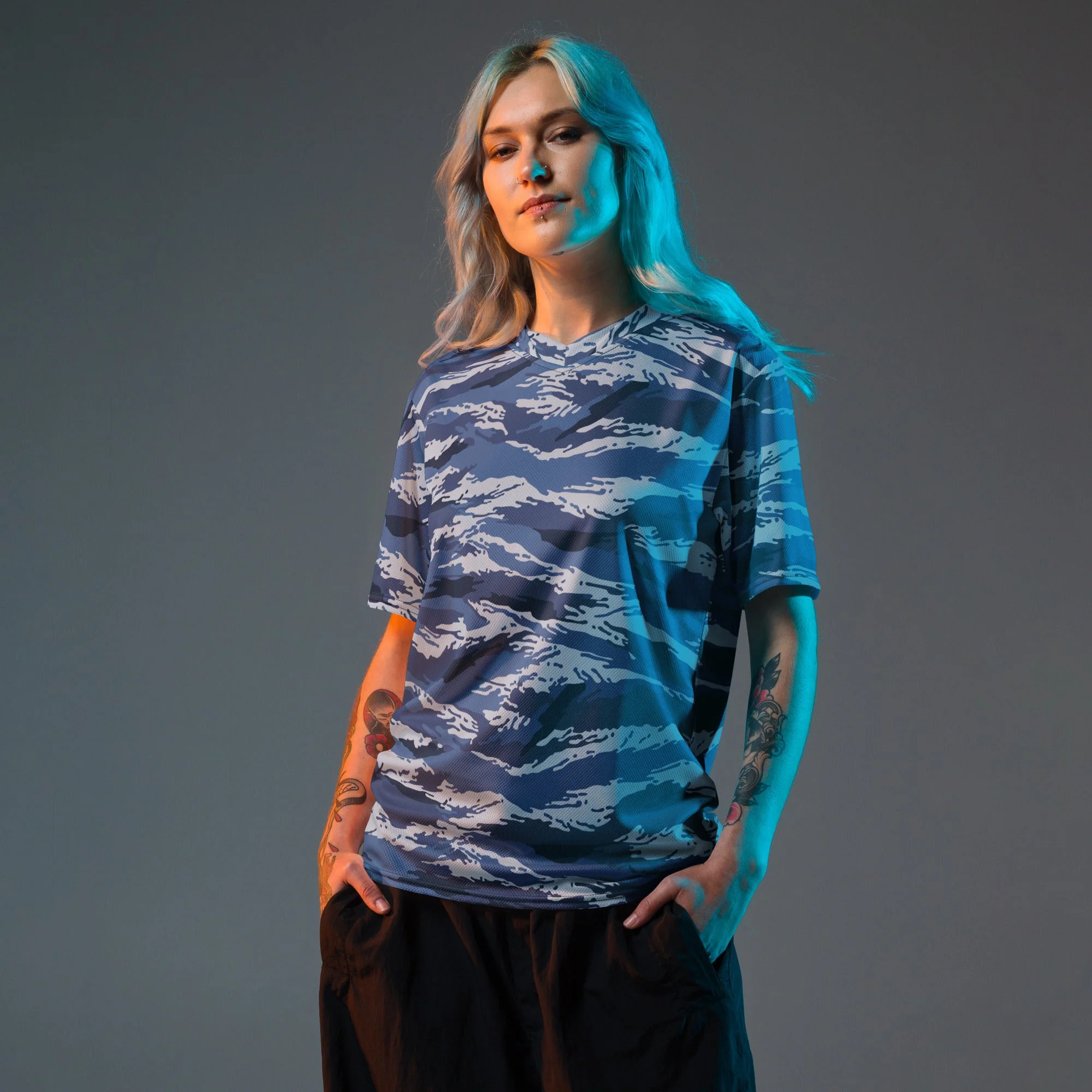Russian Tiger Stripe Kamysh Blue CAMO Unisex Sports Jersey - Image 5