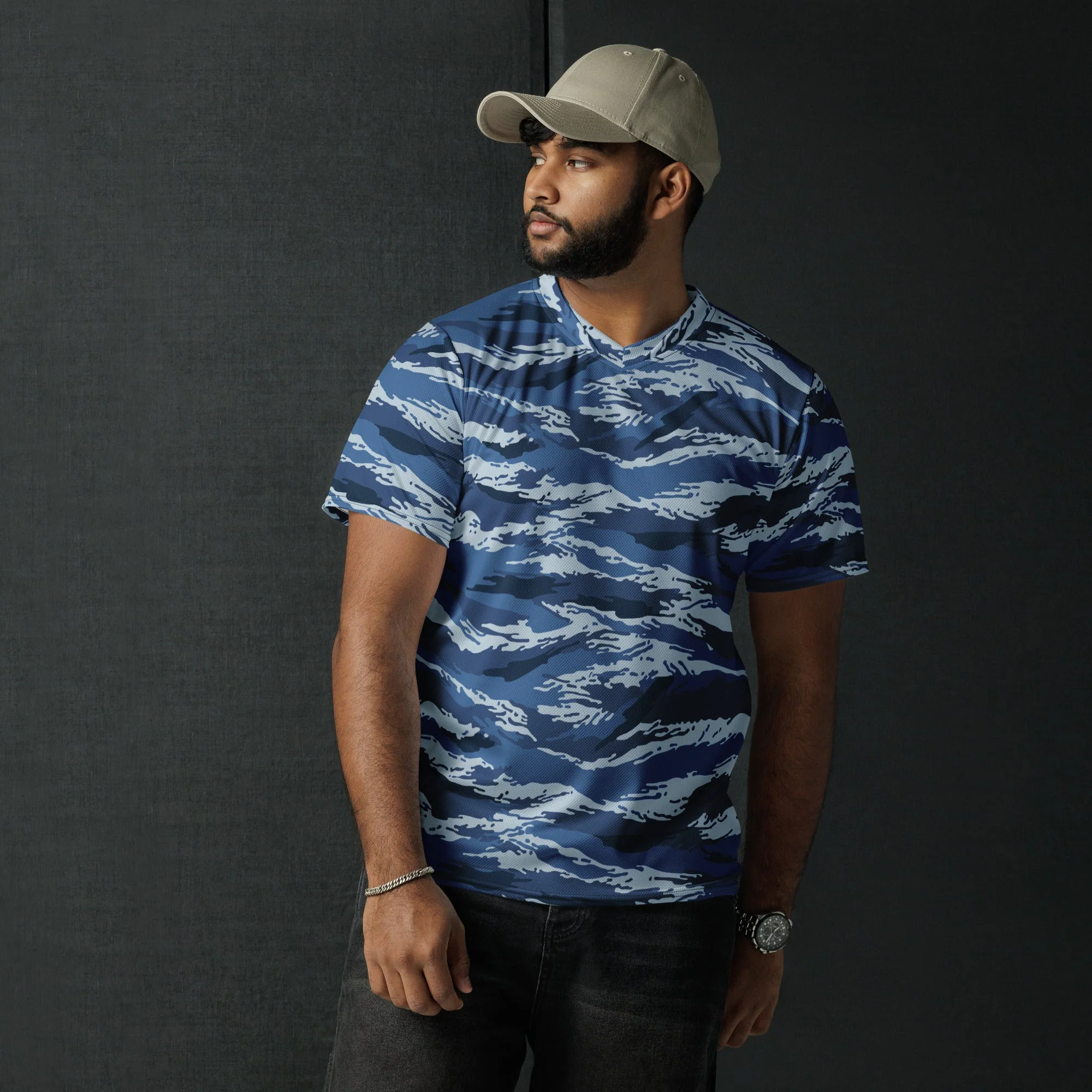 Russian Tiger Stripe Kamysh Blue CAMO Unisex Sports Jersey - Image 9